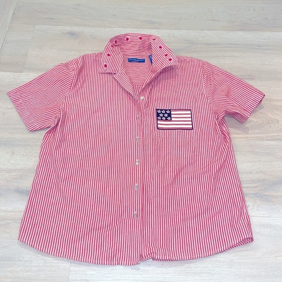 VINTAGE Karen Scott Red STRIPE Short Sleeve STARS Button Down FLAG embroidered - Picture 1 of 10
